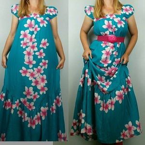 Vintage Hawaiian Muumuu Maxi Dress Floral Aqua